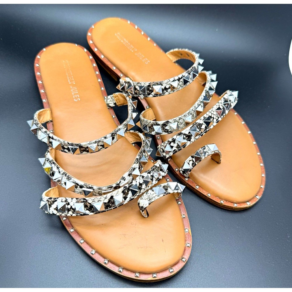 Sincerely Jules Silver/Tan Snakeskin Leather Strappy Studded Slip On Sandals 8.5